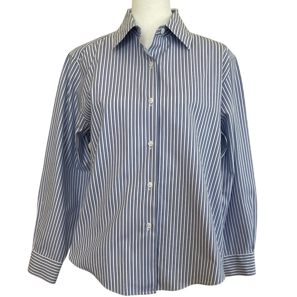 Talbots Petites Blue White Striped Wrinkle Resistant Button‎ Down Shirt Size 10P